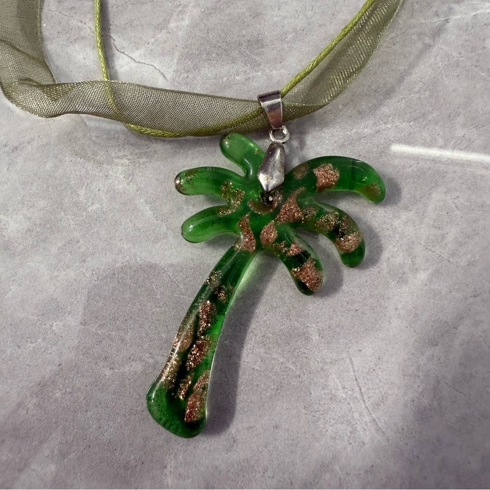 Blown Glass Pendant Palm Tree Unique Necklace With Lobster Clasp Closure